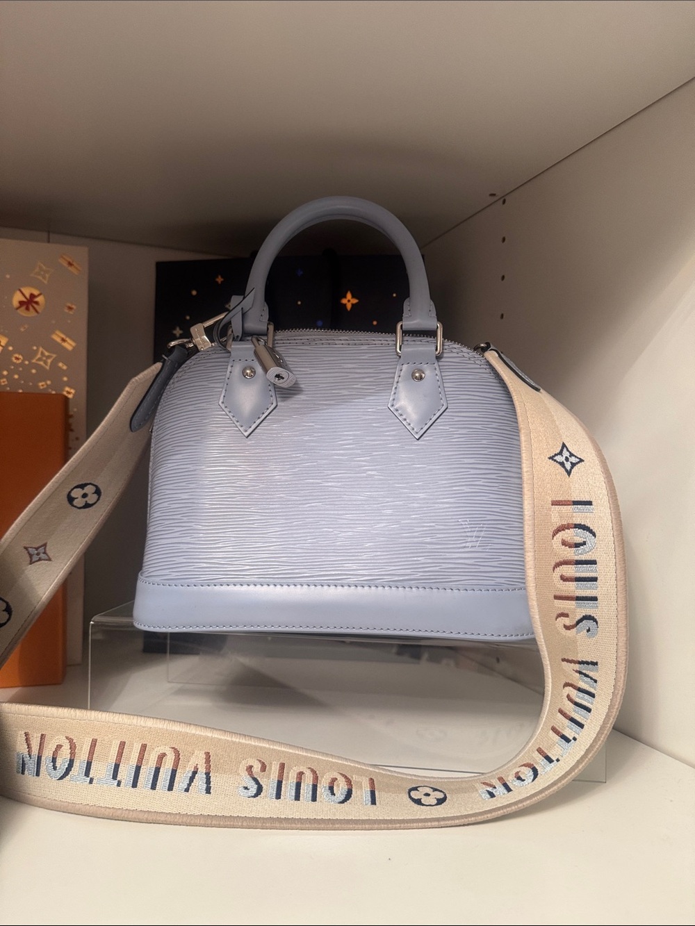 Louis Vuitton Powder Blue Alma BB Satchel with Branded Canvas Strap